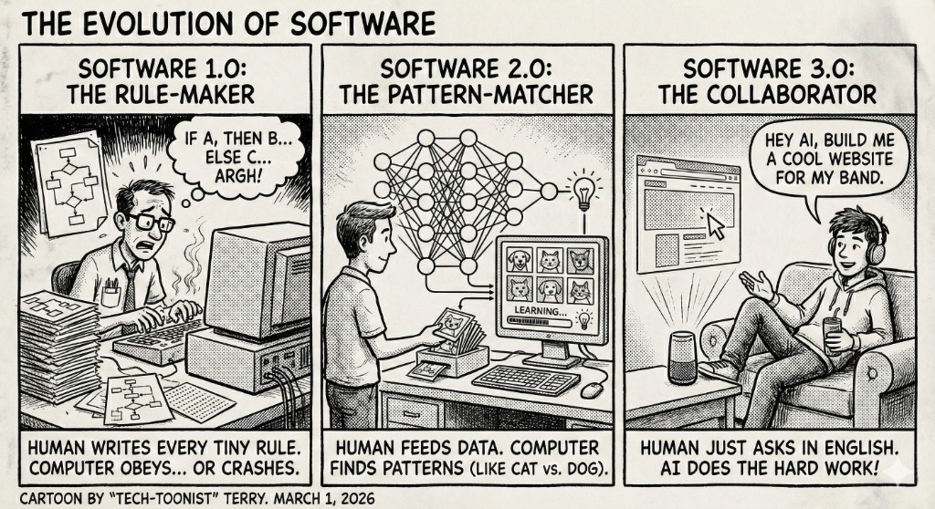 The Evolution of Software: Software 1.0 rule-maker, 2.0 pattern-matcher, 3.0 collaborator (Tech-Toonist Terry)