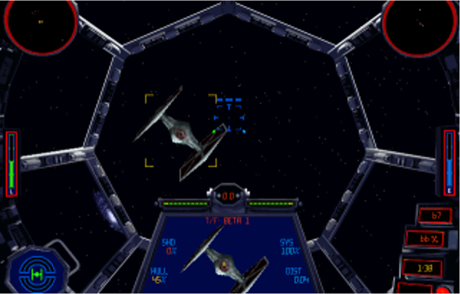 Star Wars TIE Fighter space combat game, first-person cockpit view